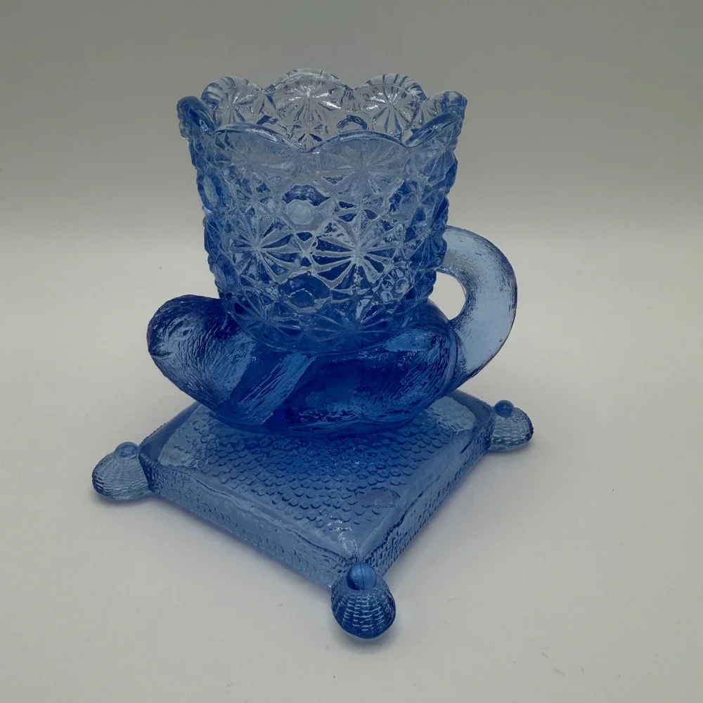 Cobalt Blue Pressed Glass Footed Toothpick Holder Scalloped Rim NIB‎